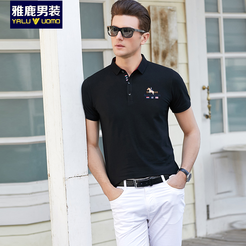 雅鹿男装修身翻领刺绣短袖T恤春夏季潮Polo衫青年上衣09008