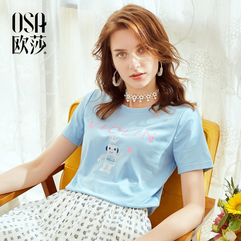 OSA欧莎2018夏装女装蓝色短袖T恤宽松亮片印花chic韩范上衣