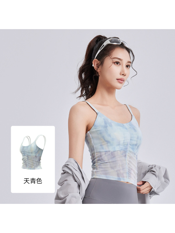 新款国风印花瑜伽背心一体固定杯外穿运动内衣吊带女