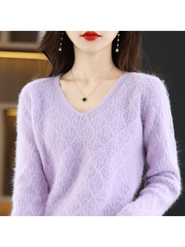 秋冬新款貂绒女V领镂空宽松短款套头纯色针织打底衫毛衣