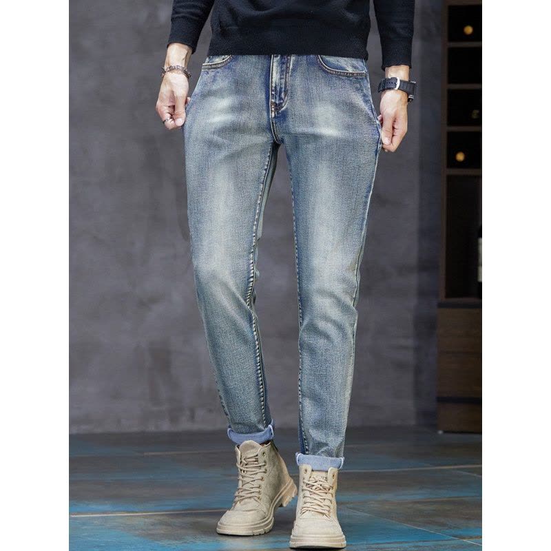 欧货牛仔裤男潮男修身弹力秋冬厚款百搭时尚轻奢休闲小直筒裤男士图片