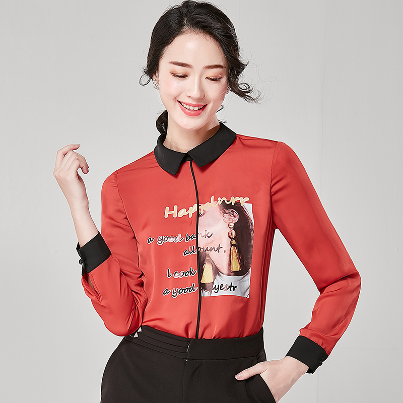 欧昵雪秋季字母人物印花撞色Polo领套头衬衫女时尚OL衬衣
