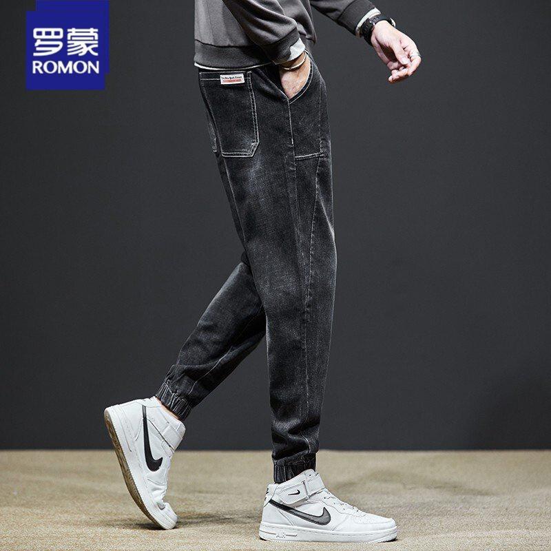 罗蒙(romon)束脚牛仔裤男士裤子男2021春秋季新款韩版修身百搭工装裤