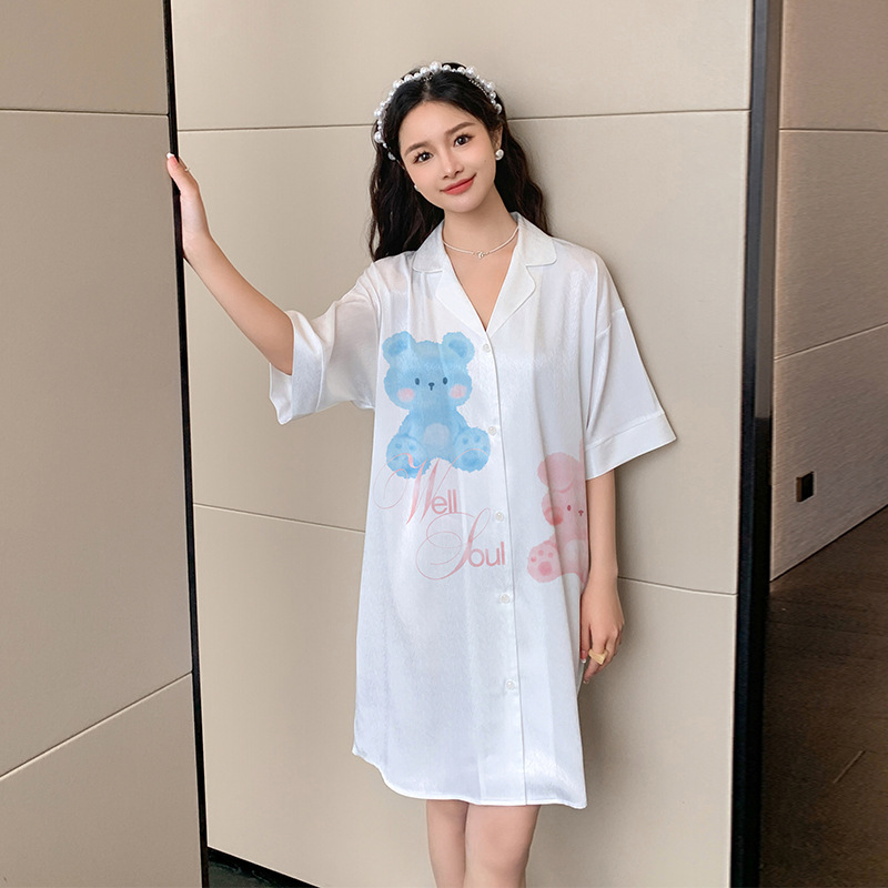Ceba睡衣女缎面睡裙夏季冰丝薄款大码可爱卡通家居服可外穿