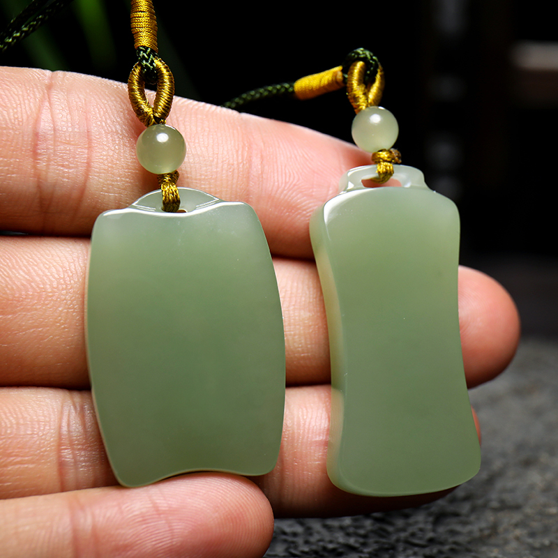 印象眸和田玉无事牌吊坠情侣款浅青玉镜面平安无饰玉牌附证书