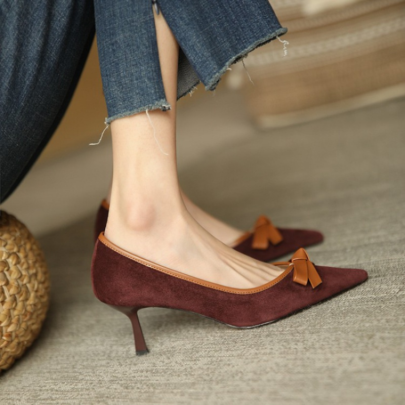 格瑞迪欧高跟单鞋女尖头蝴蝶结女鞋细跟套脚浅口高跟鞋女细跟低帮鞋