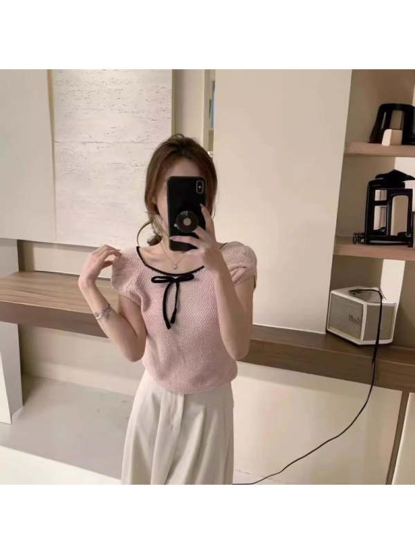 纯欲辣妹减龄蝴蝶结撞色短袖针织T恤女夏季新款显瘦短款上衣