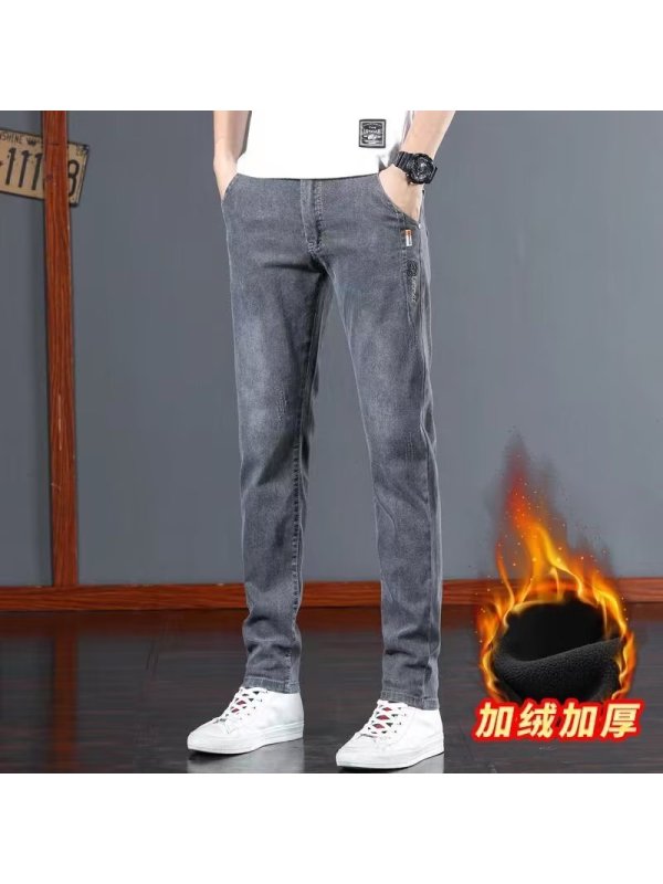 牛仔裤男士秋冬季新款加绒加厚修身小脚水洗绣花休闲长裤