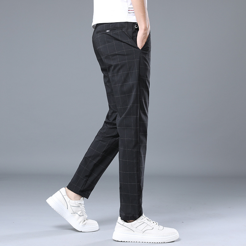 ceba高端格子西裤男舒适亲肤直筒休闲裤夏天松紧弹力修身轻商务长裤子