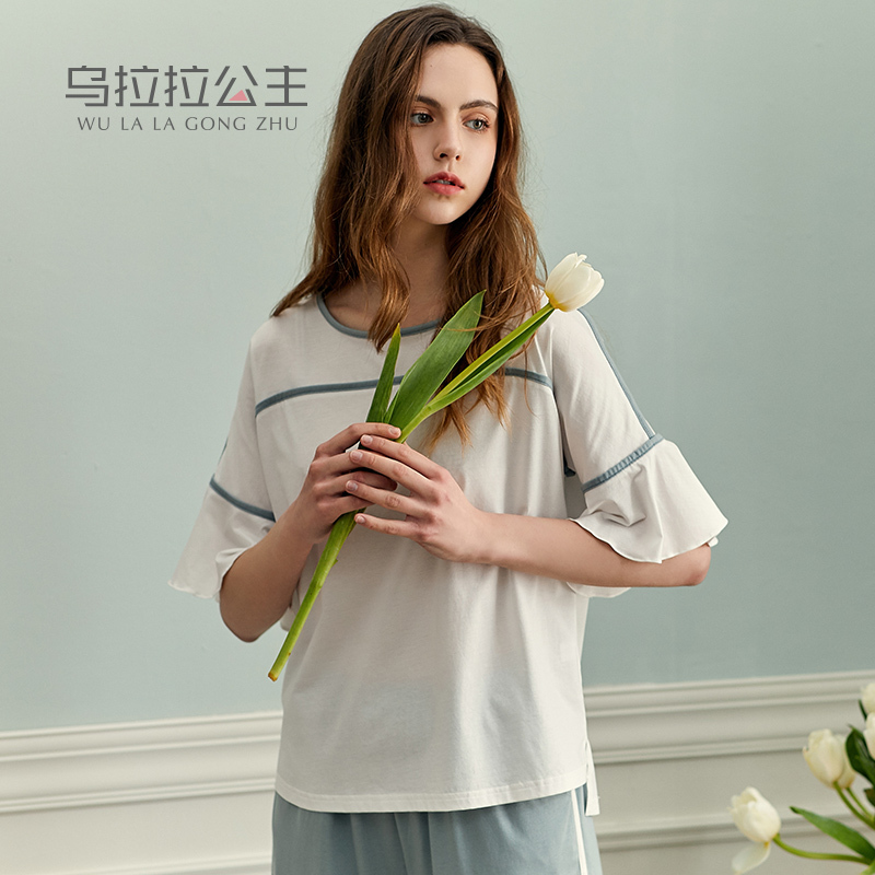 乌拉拉公主丝光棉睡衣女棉质中袖简约时尚可外穿七分裤家居服套装