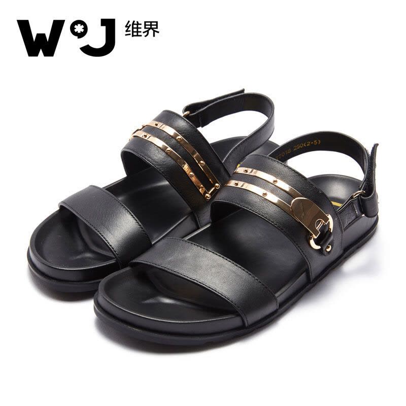 维界闪耀时尚金属横带牛皮凉鞋图片
