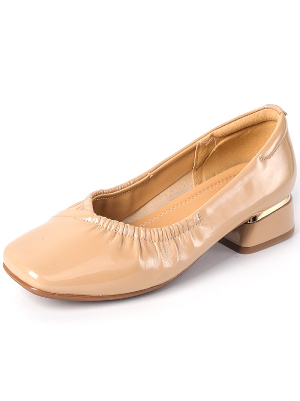 春秋季新款气质粗跟方头漆皮复古浅口鞋时尚四季软底妈妈女鞋