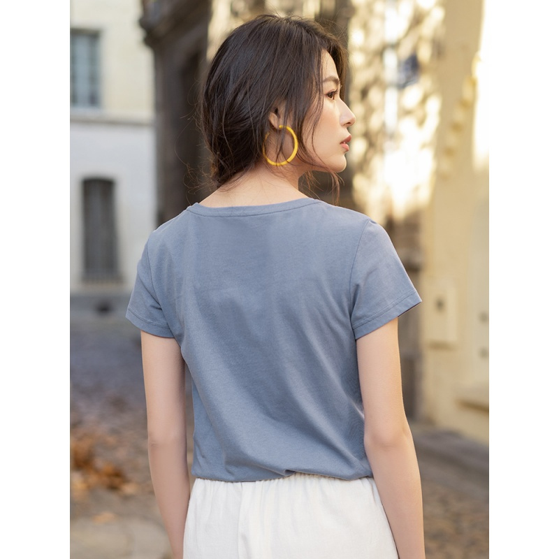 茵曼T恤女2019夏装新款纯棉小清新文艺绣花短袖休闲圆领恤衫上衣