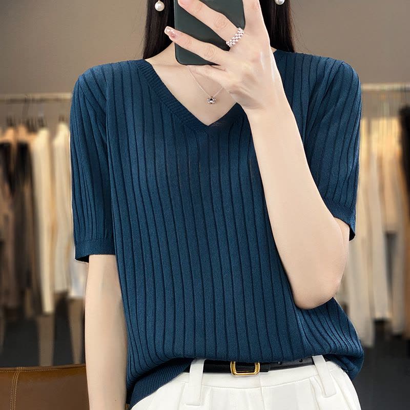 新款夏季V领冰丝短袖针织衫女式宽松T恤衫纯色薄款上衣图片