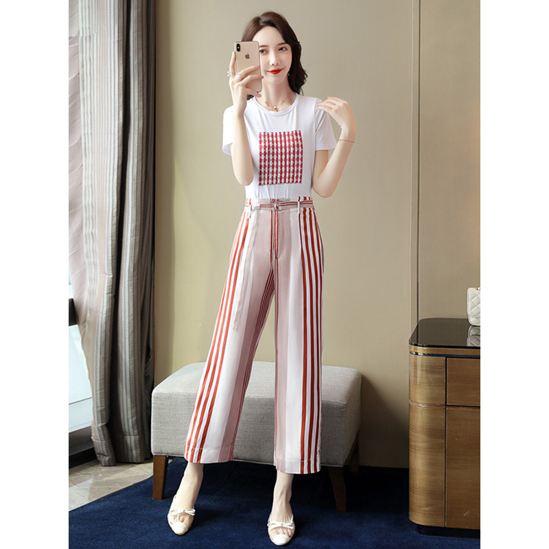 丝柏舍夏装2019女气质圆领印花上衣搭条纹阔腿裤套装S92Q0307N