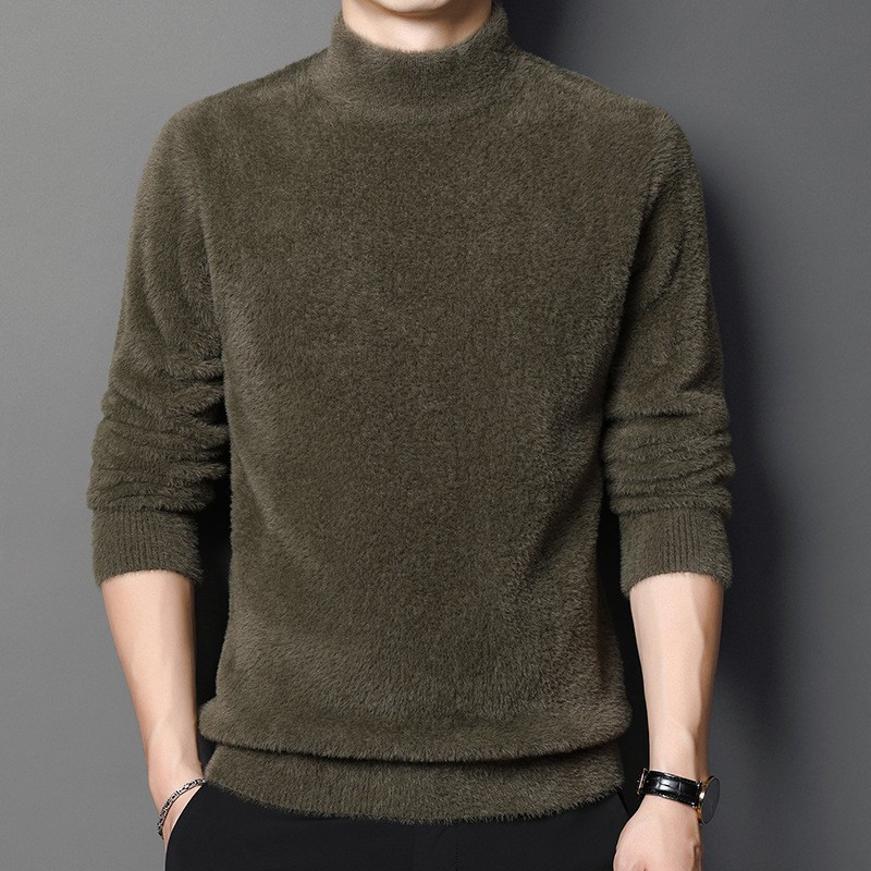 貂绒毛衣男士半高领纯色加厚防水貂毛打底衫男装保暖套头休闲毛