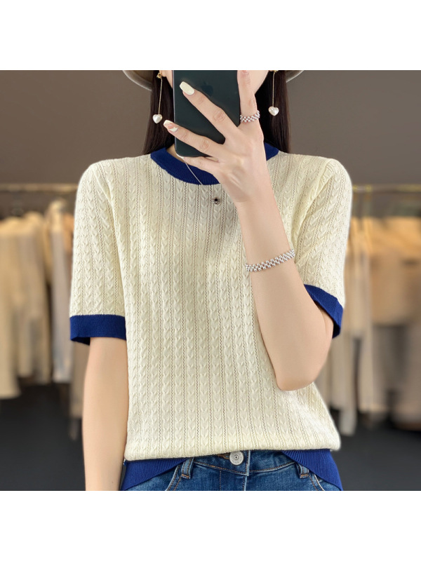 撞色圆领冰丝短袖上衣镂空复古薄款针织衫T恤女夏季新款洋气打底