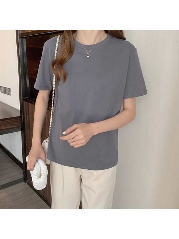 6535棉 韩版纯色复古短袖T恤女新款百搭宽松学生显瘦休闲上衣