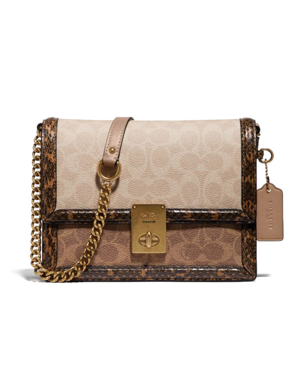COACH/蔻驰 HUTTON经典标志涂层帆布蛇皮细节色块HUTTON 89068 卡其色拼色