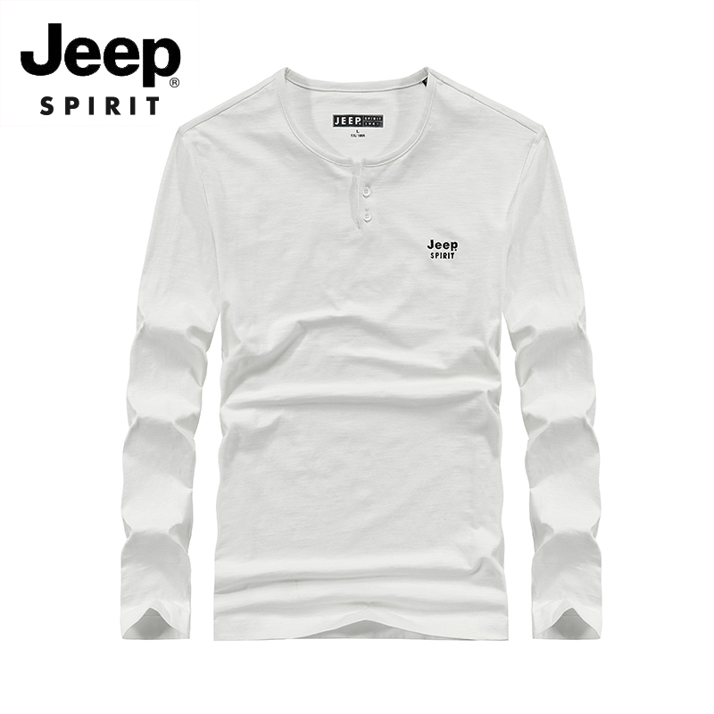 JEEP/吉普秋季新款长袖T恤男宽松圆领休闲运动打底衣男纯色上衣潮