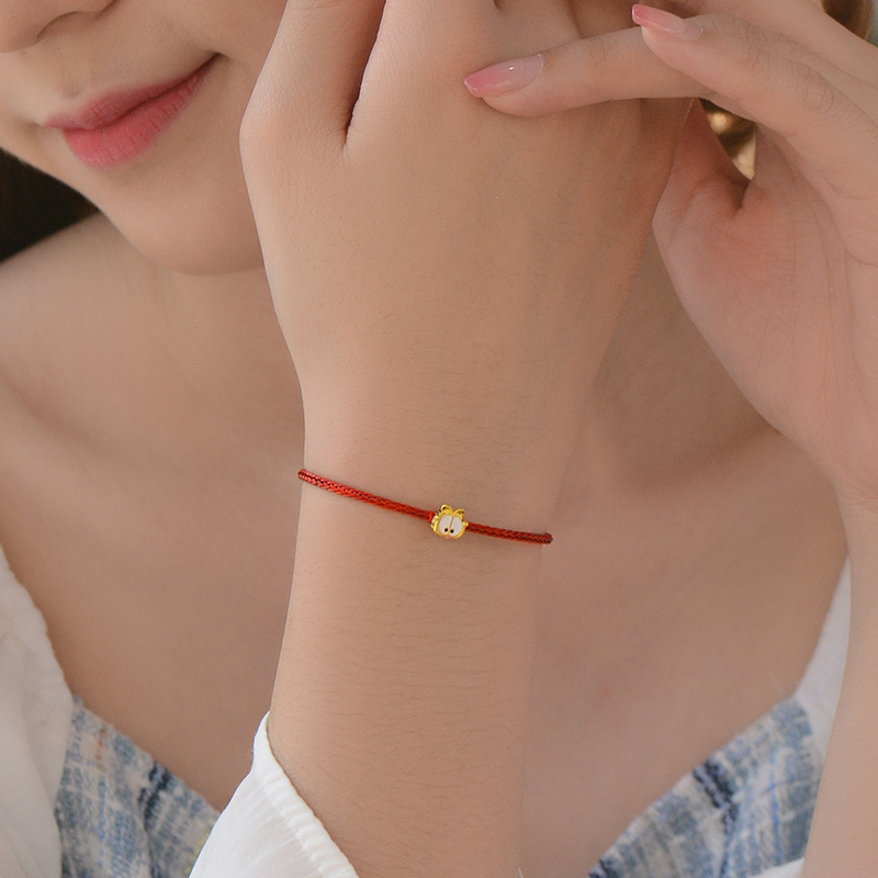 蒂蔻可爱卡通猫黄金转运珠手链女款3d硬足金珐琅烤漆钢丝红绳手饰