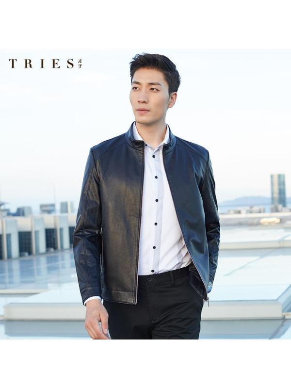 tries才子男装黑色立领皮衣男2020秋新款修身商务休闲机车pu皮夹克