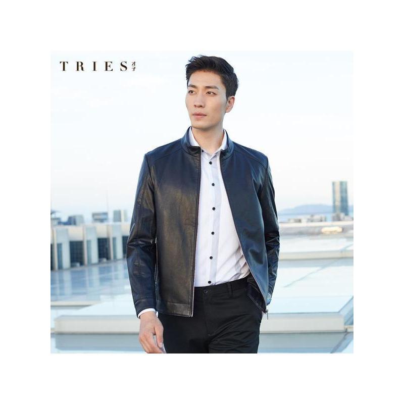 tries才子男装黑色立领皮衣男2020秋新款修身商务休闲机车pu皮夹克