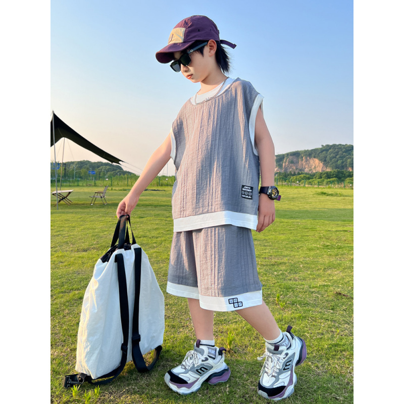男童夏装套装2025新款男孩儿童背心夏季速干短袖中大童洋气薄款潮
