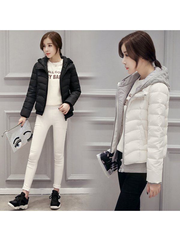 comeacross短款加厚长袖拼接纯色2019年冬季羽绒服连帽修身白鸭绒