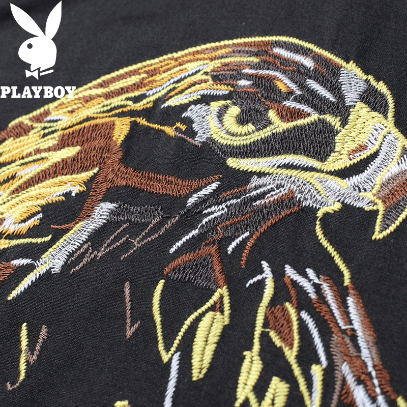 花花公子(PLAYBOY)短袖T恤男夏季新款个性印花时尚黑色青年圆领衣服男士 潮