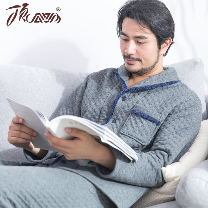 顶瓜瓜加厚空气层睡衣男士家居服套装简约休闲保暖舒适起居服纯棉