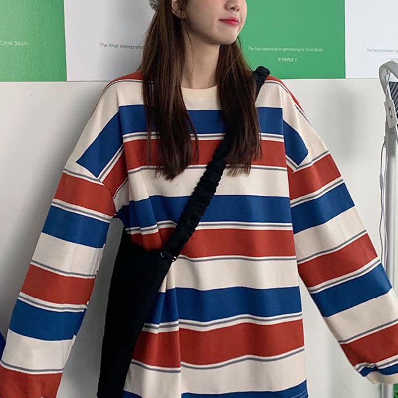 韩版条纹T恤女装宽松百搭新款春秋季中长款长袖上衣服ins潮图片