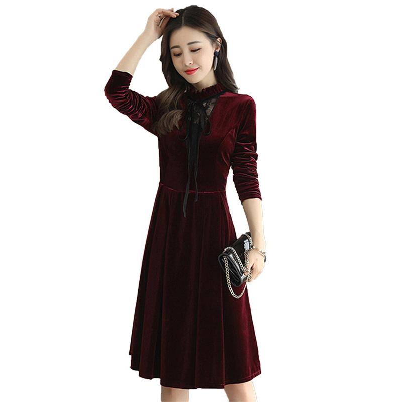 丝柏舍2018秋装新款女圆领长袖蕾丝拼接收腰中长连衣裙s83r0023l