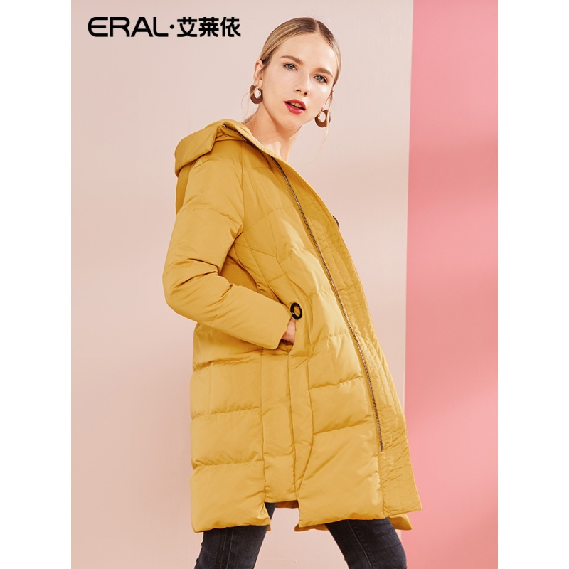 ERAL/艾莱依O2O2018冬新款斜襟立领羽绒服女连帽外套