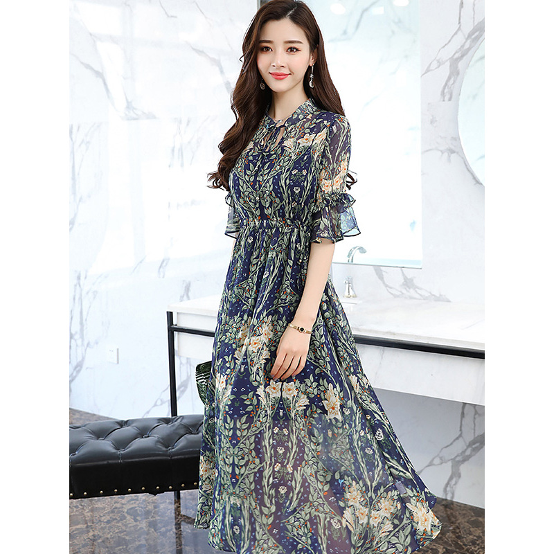 邑概念 韩版长袖小清新碎花裙气质淑女甜美修身雪纺连衣裙长裙女