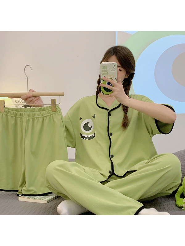 春秋季睡衣女棉质翻领短袖三件套卡通可爱少女感家居服大码可外穿