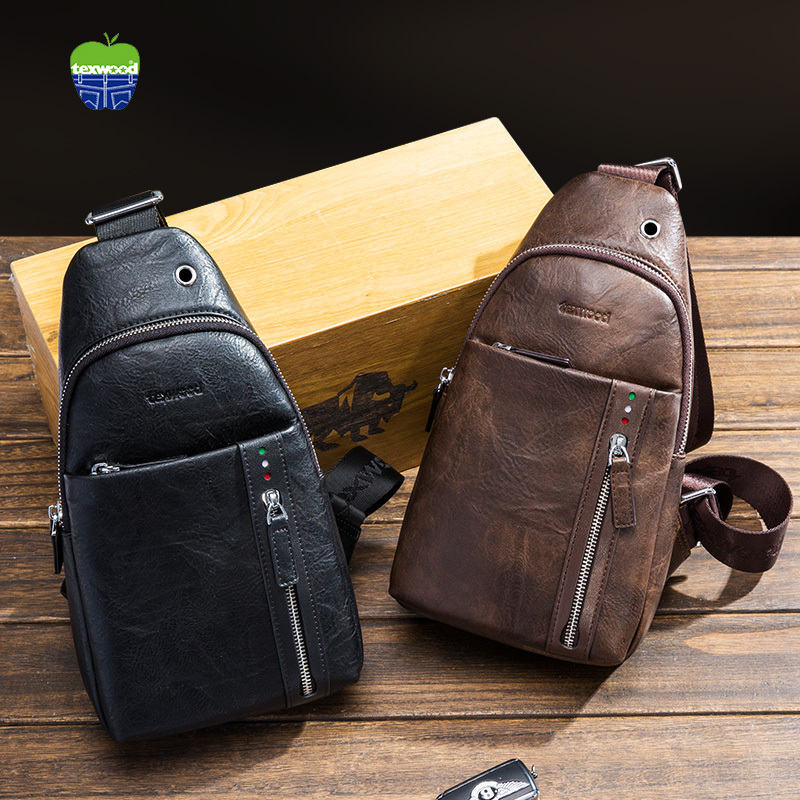 texwood胸包男韩版潮斜挎包男皮包休闲挎包复古小背包潮
