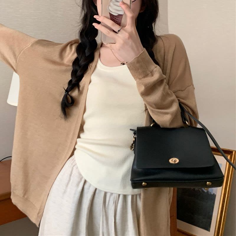 薄款慵懒风长袖针织衫女秋季新款韩版宽松纯色百搭设计感开衫上衣图片