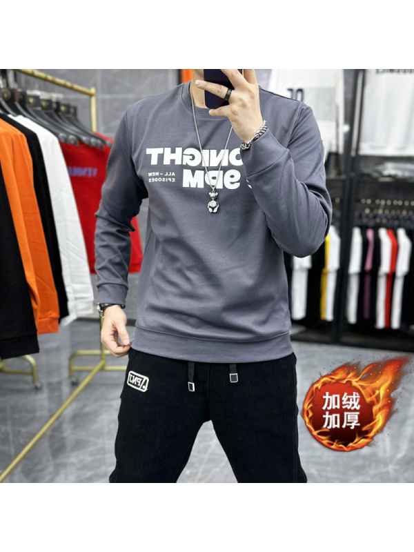秋冬加绒青年长袖套头卫衣男立体压胶字母印花落肩袖上衣休闲