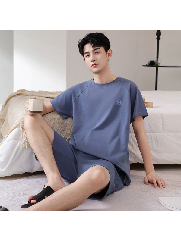 青少年睡衣男士夏季纯棉短袖短裤加大码休闲可外穿全棉家居服套装
