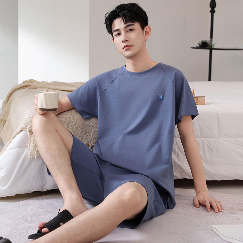 青少年睡衣男士夏季纯棉短袖短裤加大码休闲可外穿全棉家居服套装图片