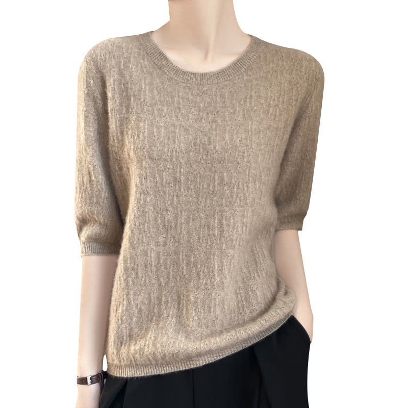 安迪绒圆领针织衫2025年春季新款镂空五分袖宽松套头打底衫上衣女图片