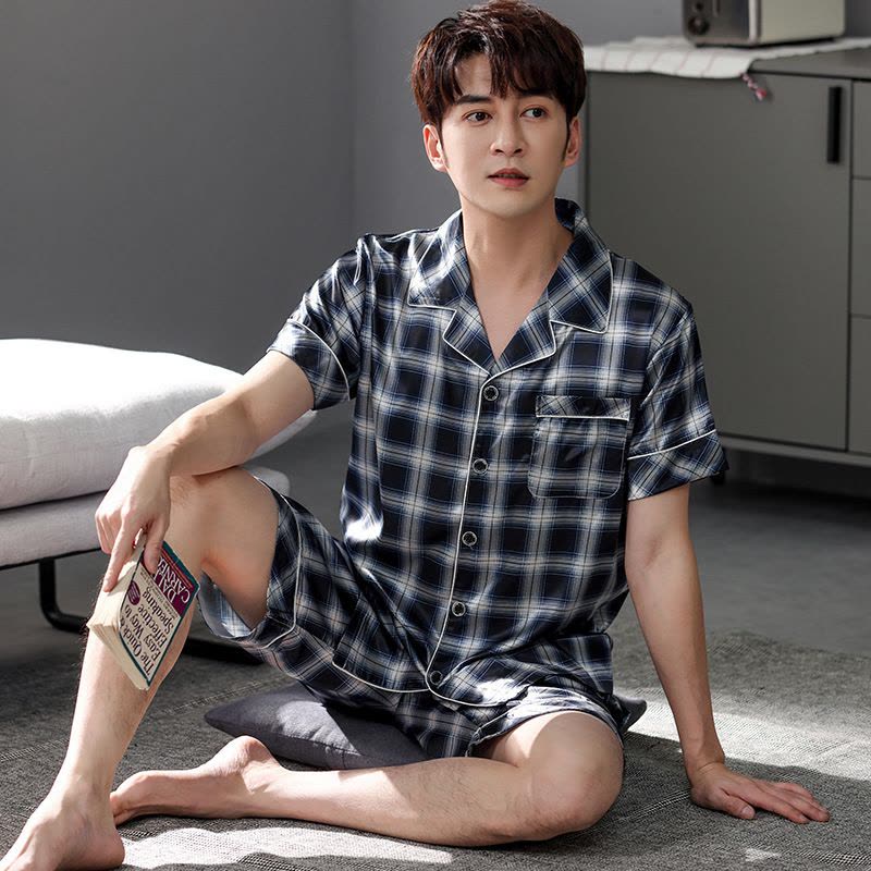 睡衣男夏季开衫翻领冰丝绸短袖短裤学生夏天大码家居服套装可外穿图片