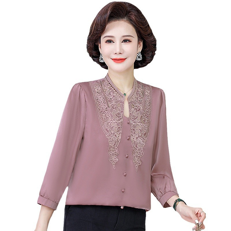 妈妈装薄款小衫时尚中年女装中老年纯色女40岁60花边妈妈装春季款