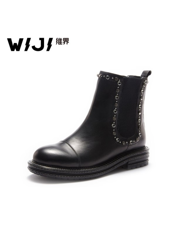 WIJI新款时尚英伦风加绒切尔西靴休闲短筒女靴子舒适个性圆头皮鞋