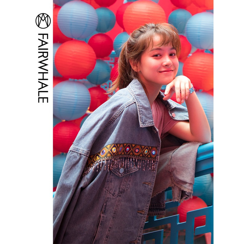 马克华菲女装2019春新款长袖流苏西装领夹克牛仔外套