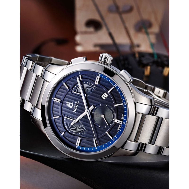依波路ernestborel音韵系列蓝盘多功能计时小三针钢带石英男士手表gs