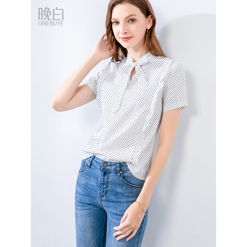 晚白2019夏季新品简约百搭优雅职业波点系带领短袖常规上衣衬衫