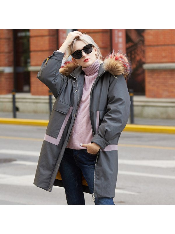 千柏年工装羽绒服宽松白鸭绒大毛领保暖连帽过膝羽绒棉衣中长款