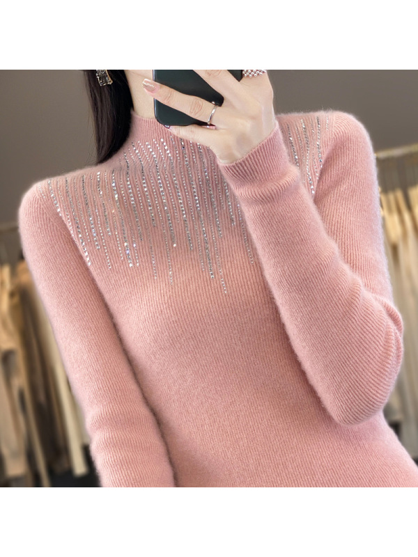 半高领镶钻女式打底衫秋季新款套头毛衣女修身内搭时尚针织衫